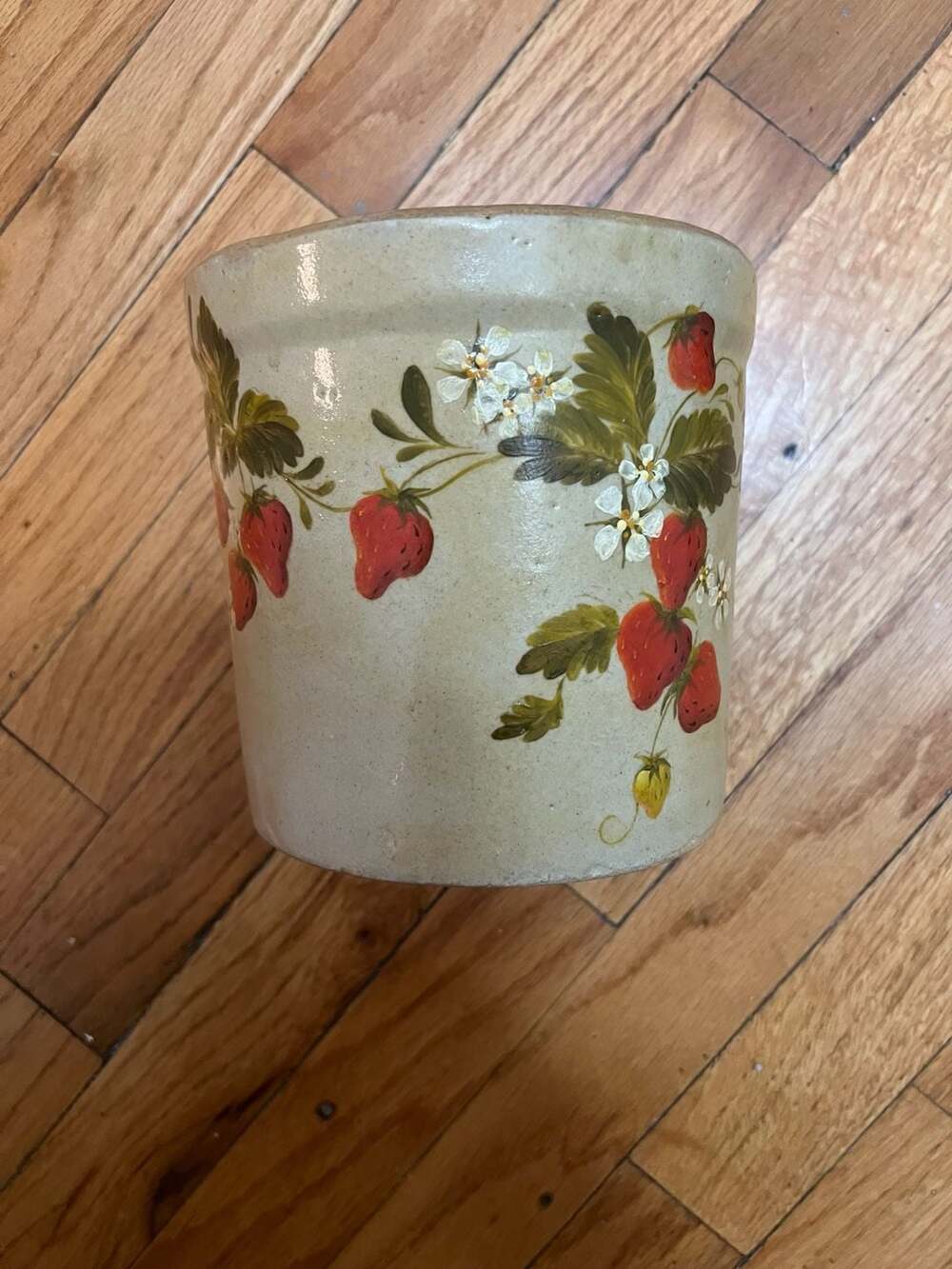 Vintage Hand-Painted Strawberry Stoneware Crock